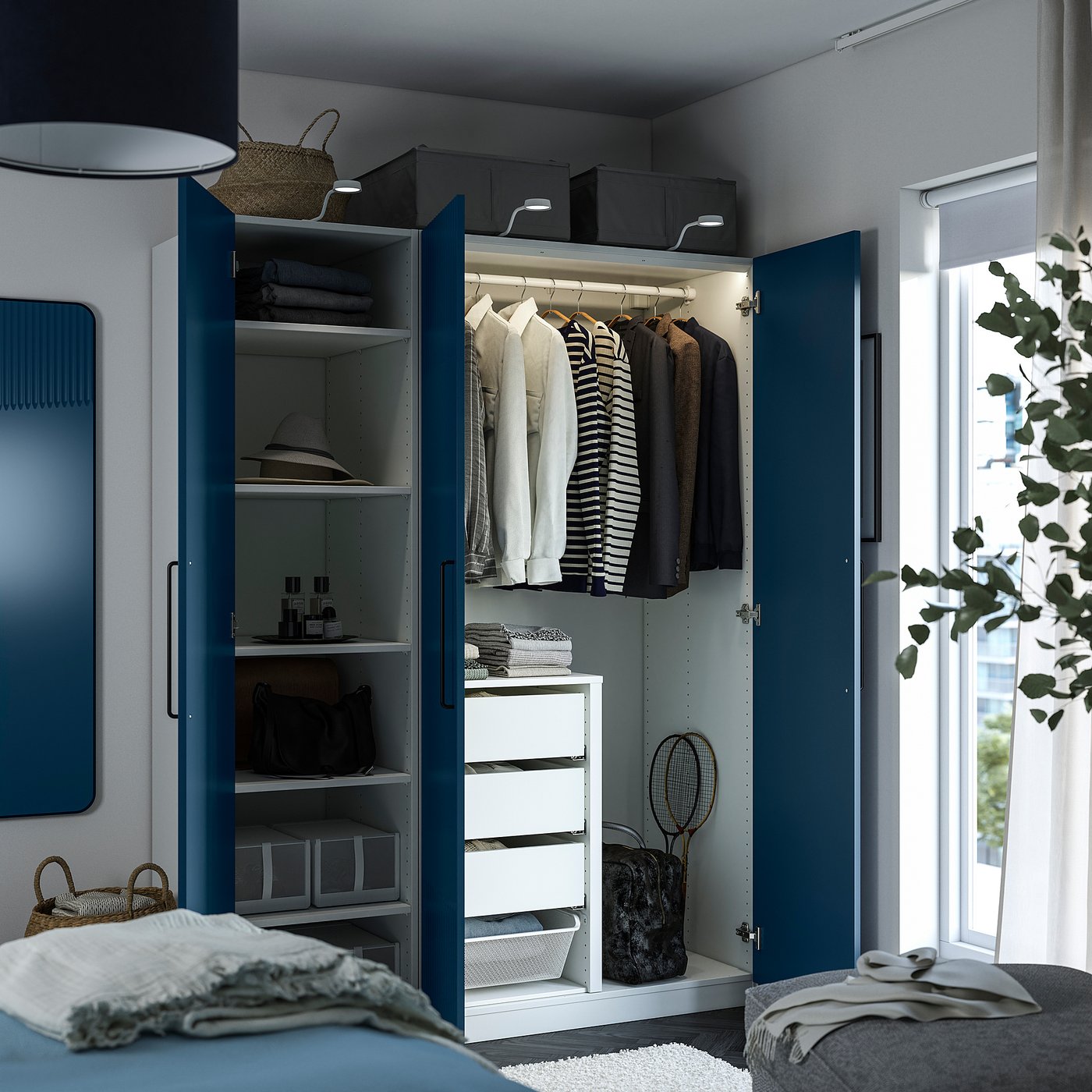 PAX / FYRUDDEN wardrobe combination, white/blue, 59x235/8x791/4