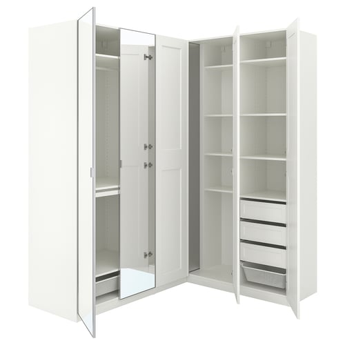 White PAX corner wardrobe with mirrored doors and shelves.