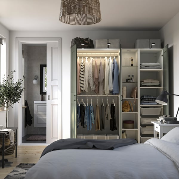 PAX / GRIMO Wardrobe combination, white gray-green/white, 72 7/8x23 5/8x79 1/4 "