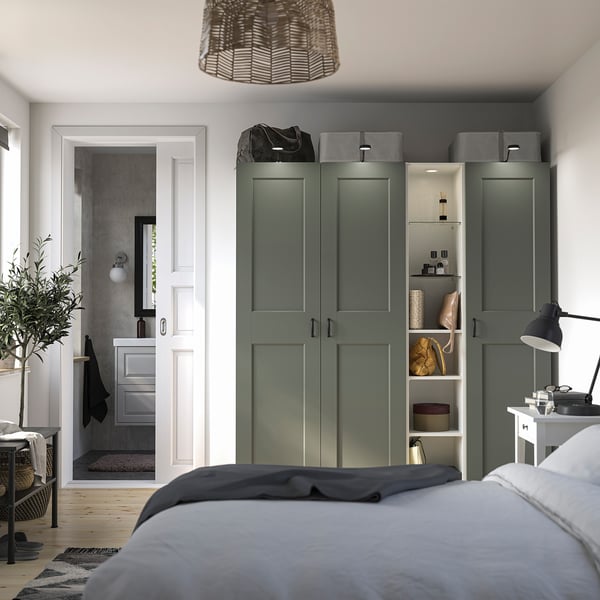 PAX / GRIMO Wardrobe combination, white gray-green/white, 72 7/8x23 5/8x79 1/4 "
