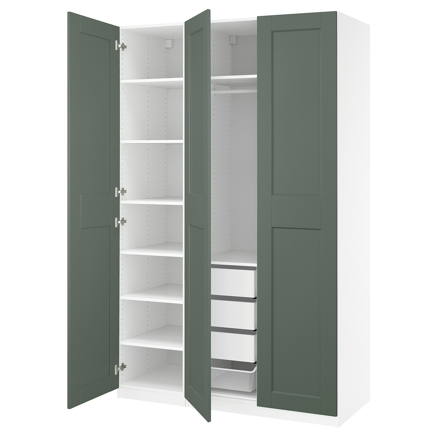PAX / GRIMO wardrobe combination, white/gray-green, 59x235/8x931/8