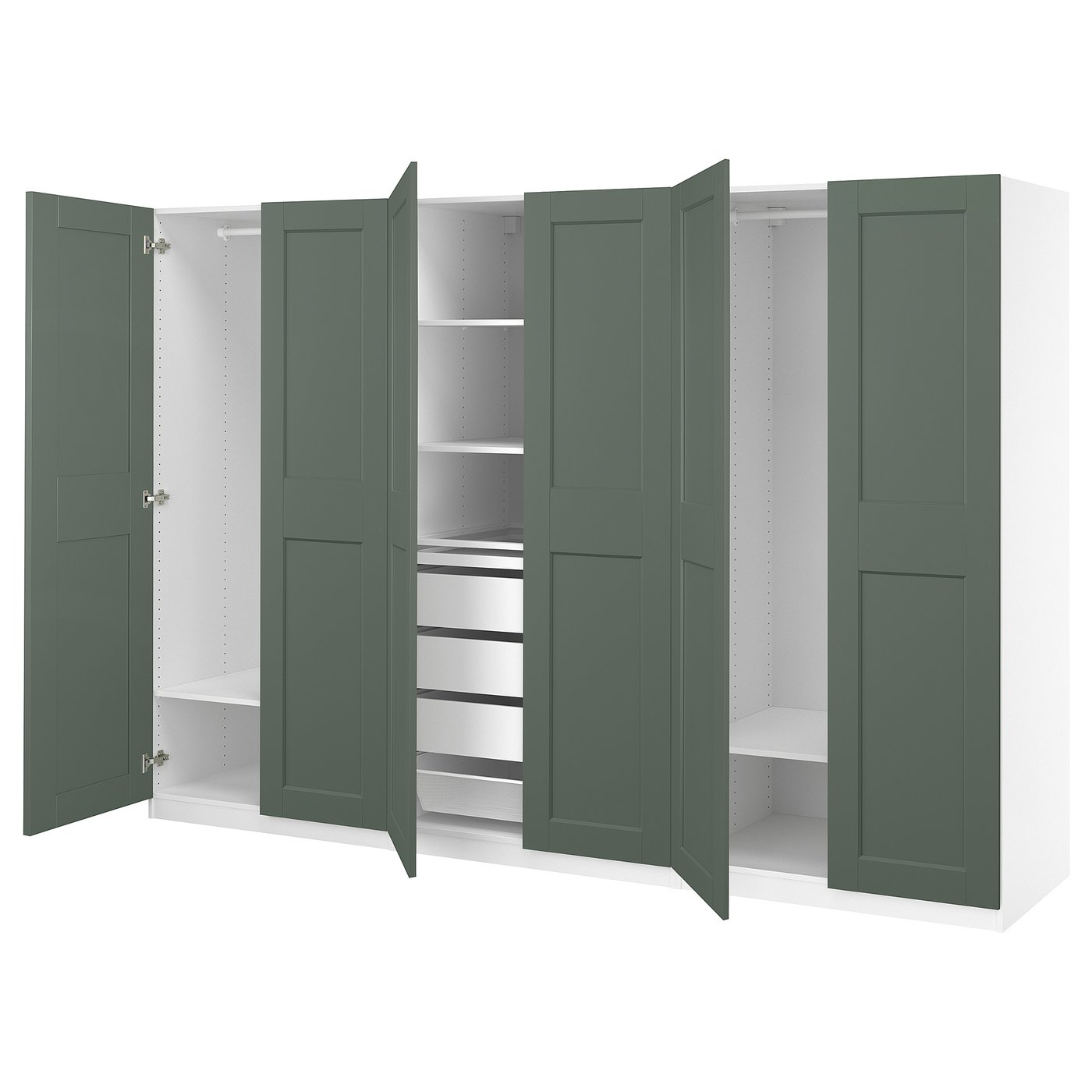 PAX / GRIMO wardrobe combination, white/gray-green, 1181/8x235