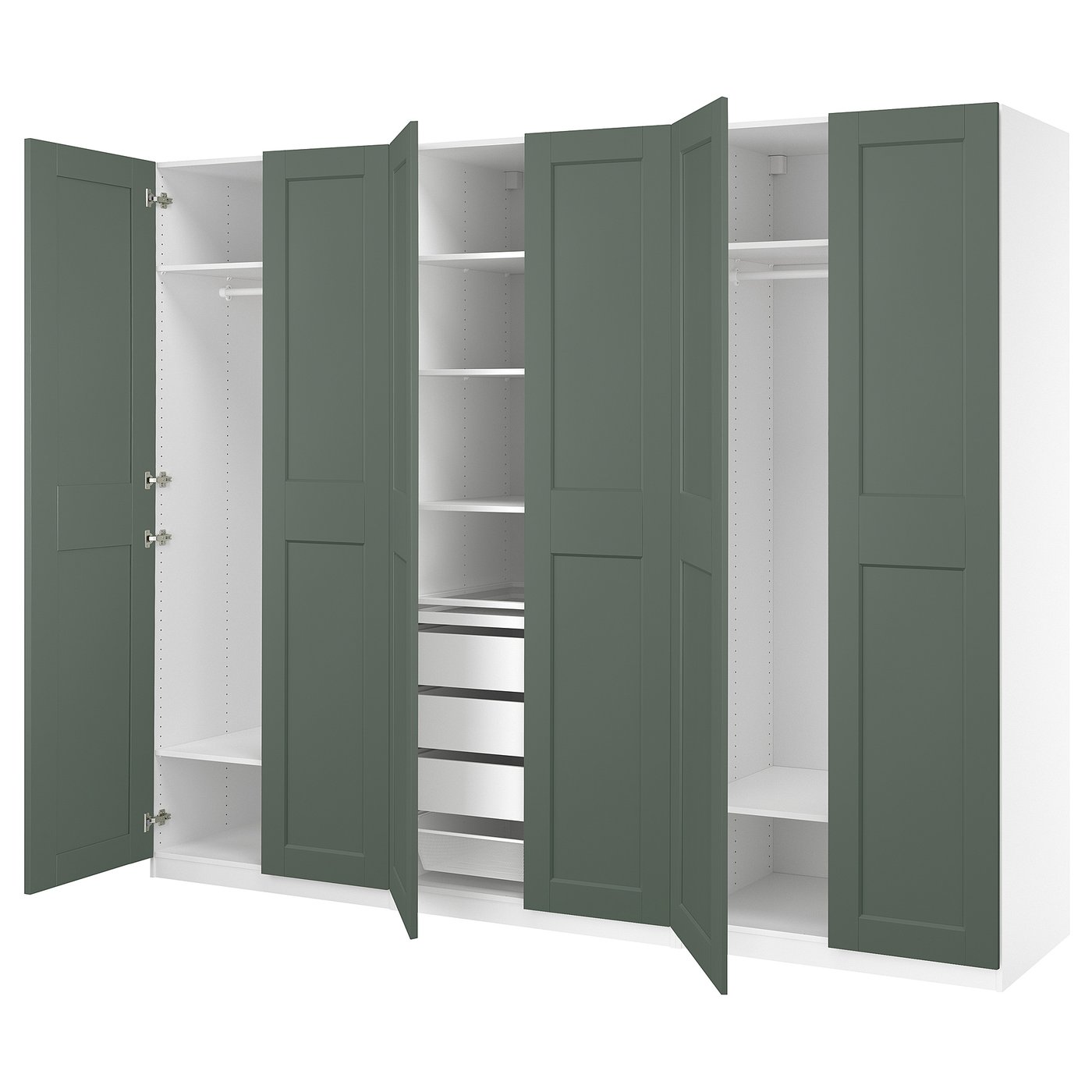 PAX / GRIMO wardrobe combination, white/gray-green, 1181/8x235