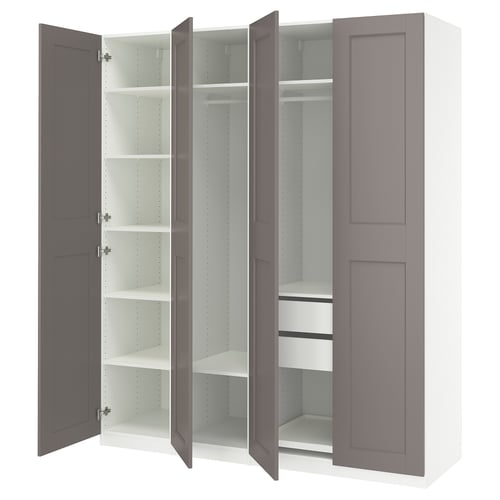 IKEA PAX closet, grey, tall, three open compartments with shelves, one closed.