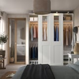 PAX / GRIMO Wardrobe with sliding doors, white/clear glass white, 78 3/4x26x93 1/8 "