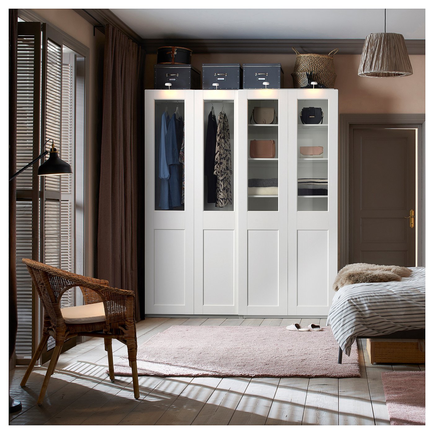 PAX / GRIMO wardrobe with sliding doors, white/clear glass white