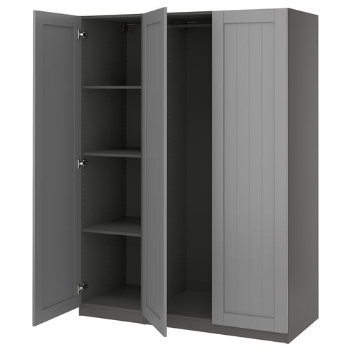 PAX wardrobe, grey, rectangular, hollow core with shelves, modern design.