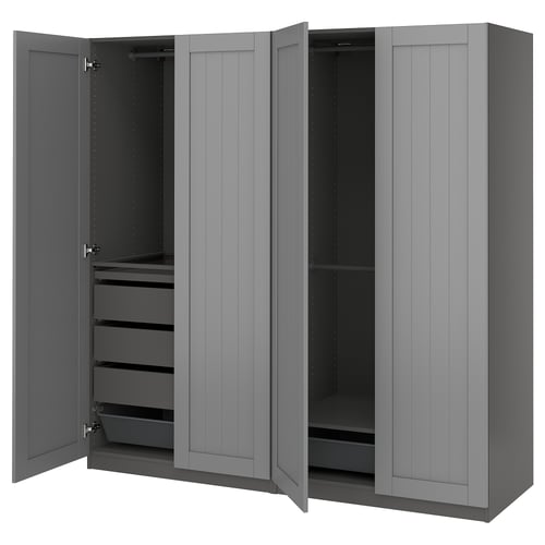 PAX wardrobe, grey, tall, rectangular, with multiple compartments and mesh drawers.