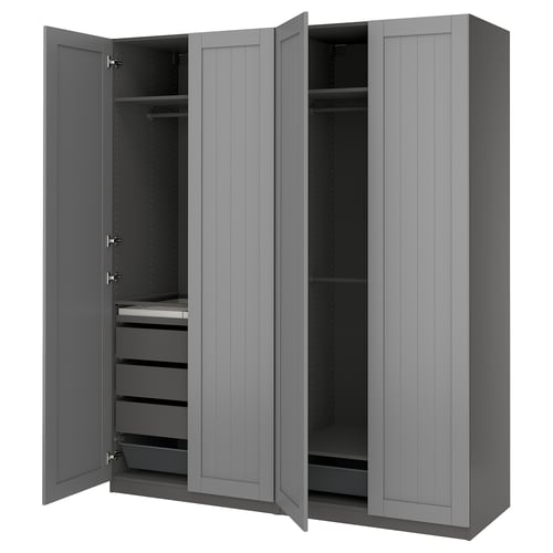 An open gray ikea PAX wardrobe with shelves and drawers.