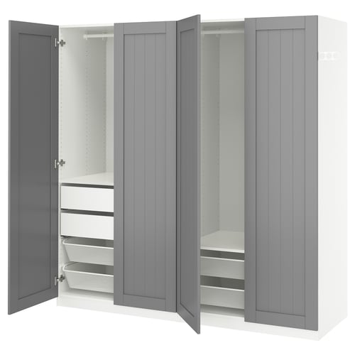 Grey PAX wardrobe with open doors, mesh drawers, and shelves.