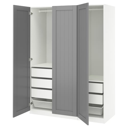 PAX wardrobe: grey & white tall closet with drawers & shelves. Modern, minimalist design.