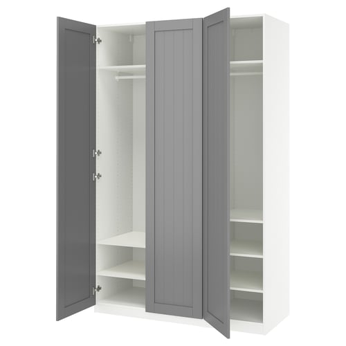 PAX wardrobe: grey, white shelves, wall-mounted, tall, sleek design.