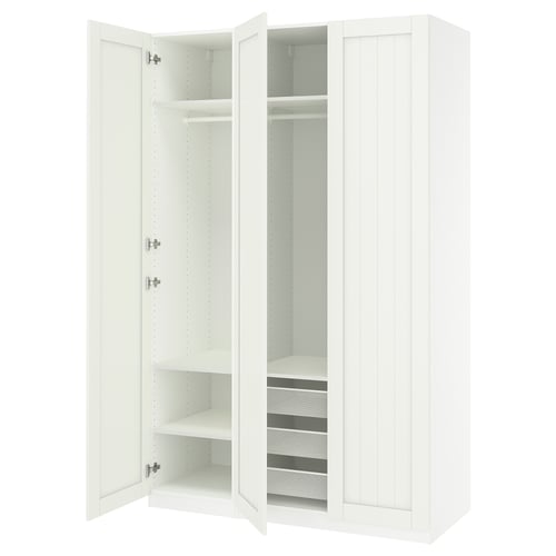 White PAX wardrobe, open doors revealing shelves, hanging rail, and mesh baskets.
