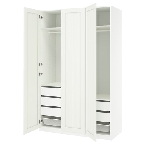 Displays a white PAX wardrobe with open doors, showing inner shelves, drawers, and a mesh basket.