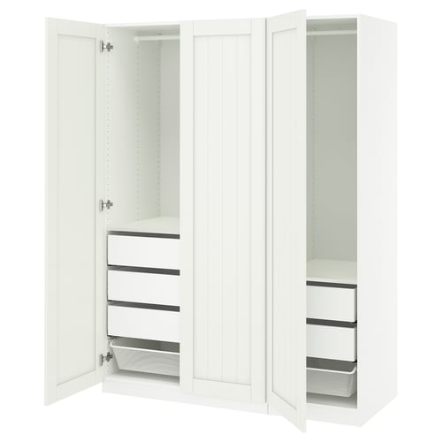 A white PAX wardrobe with open sections revealing shelves and a mesh basket.