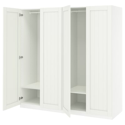 White PAX wardrobe with open doors, featuring shelves and hanging space.