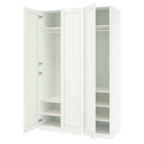 Ikea PAX white wardrobe with open doors, white interior, hanging rail, and shelves.