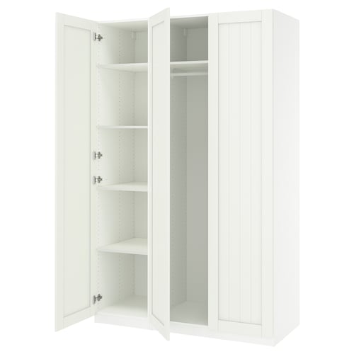White PAX wardrobe with open doors showcasing empty shelves.
