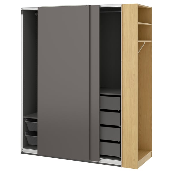 PAX / HASVIK Wardrobe with sliding doors, dark gray dark gray/oak effect, 66 7/8x26x79 1/8 "