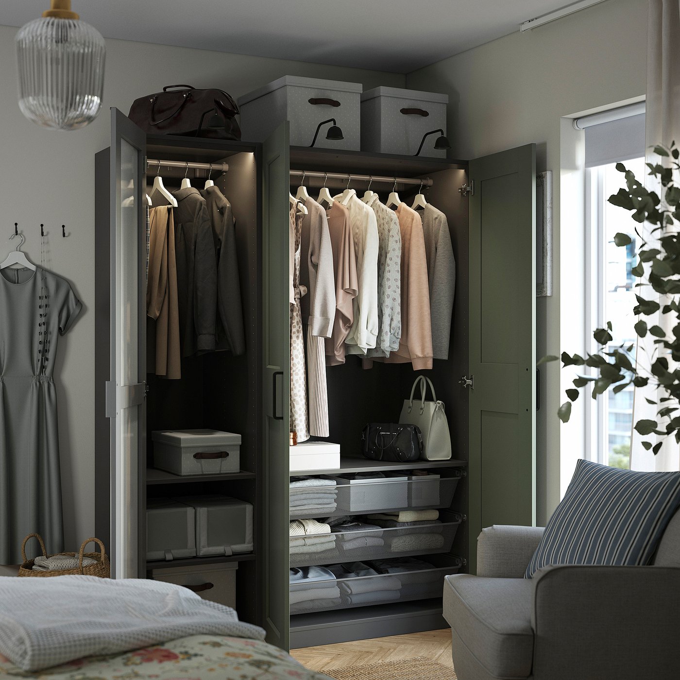 PAX / KAMMARTORP/GRIMO wardrobe combination, dark gray mirror