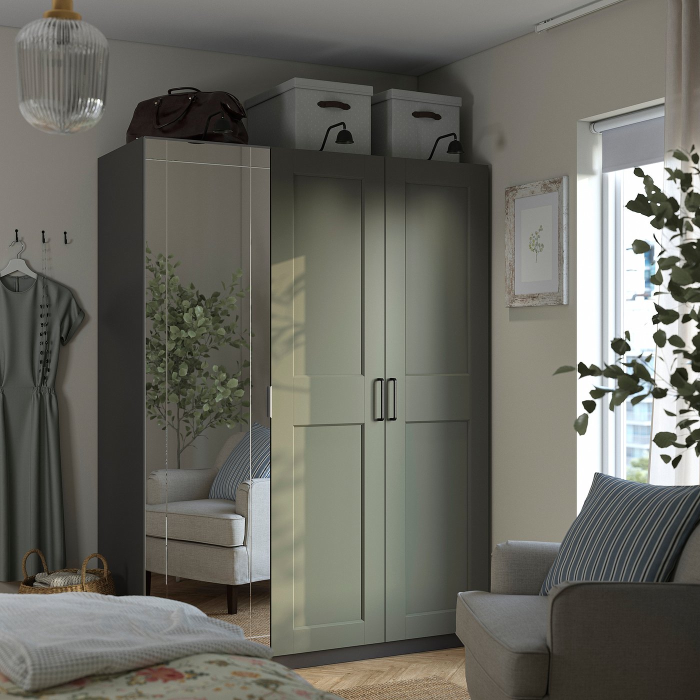 Wardrobe combination, dark gray mirror glass/gray gray-green 2