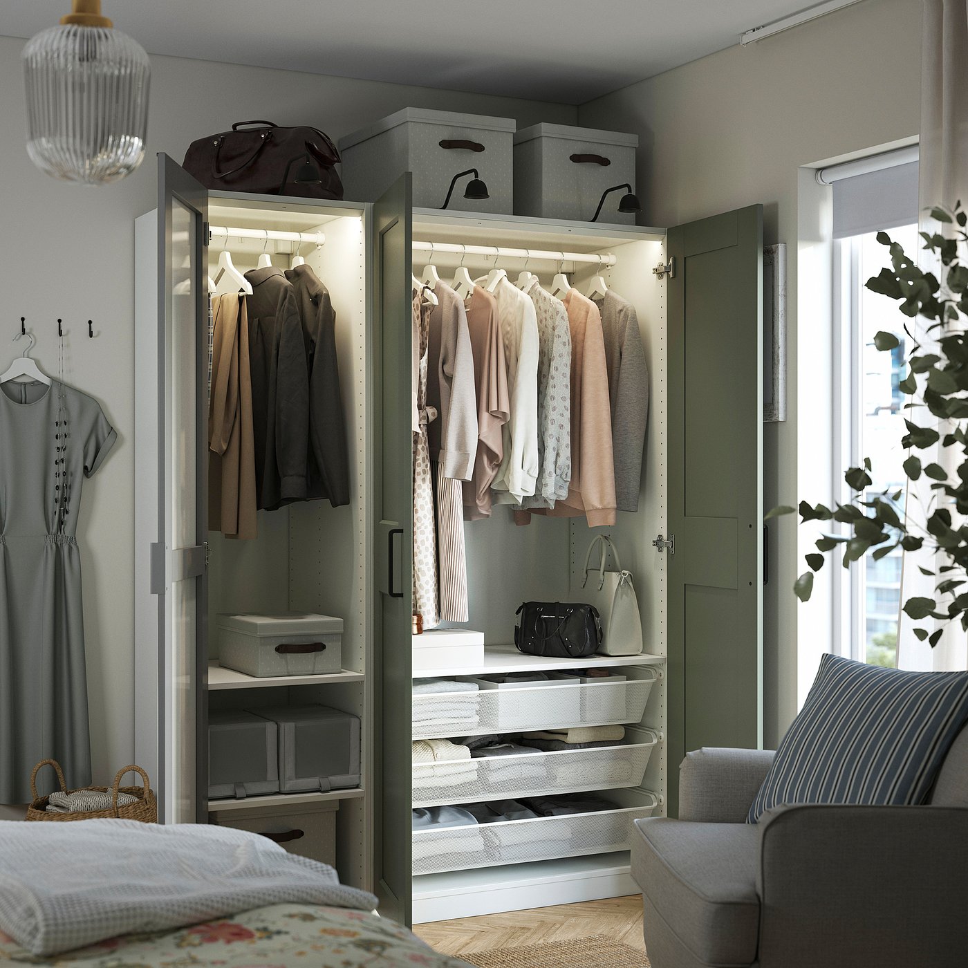 Wardrobe combination, white mirror glass/gray gray-green 2