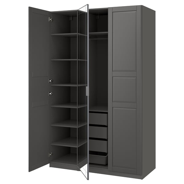Dark grey PAX wardrobe with open doors. Tall, rectangular shape, four empty shelves, metal rail and mesh basket at bottom.