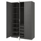 Dark grey PAX wardrobe with open doors. Tall, rectangular shape, four empty shelves, metal rail and mesh basket at bottom.