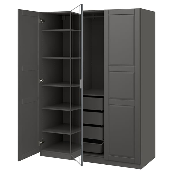 Dark grey PAX wardrobe open, showing shelves and drawers. Modern, rectangular design.
