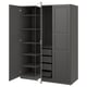 Dark grey PAX wardrobe open, showing shelves and drawers. Modern, rectangular design.