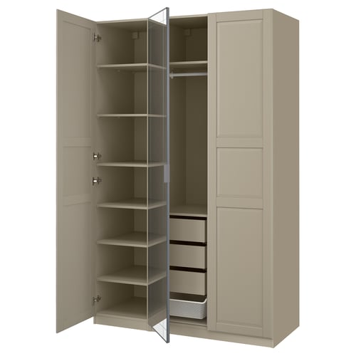 PAX wardrobe: light beige, tall, rectangular, with open shelves and drawers, featuring soft-closing hinges and adjustable feet.
