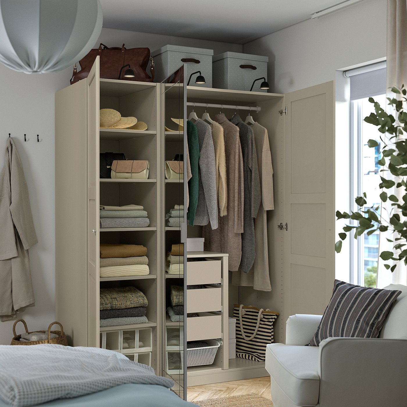 Wardrobe combination, gray-beige/gray-beige mirror glass 3