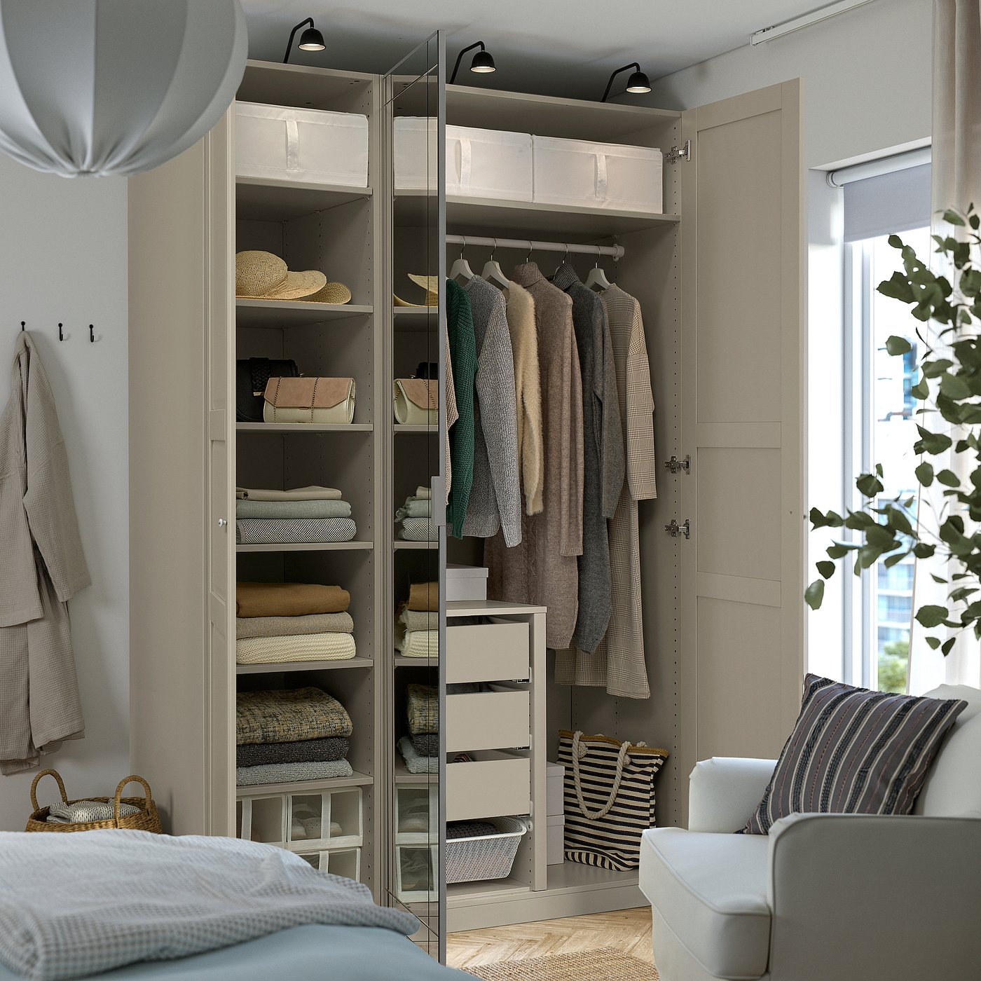 Wardrobe combination, gray-beige/gray-beige mirror glass 3