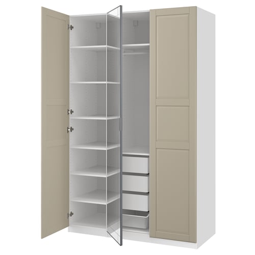 A beige PAX wardrobe with an open section revealing multiple shelves and organisers.