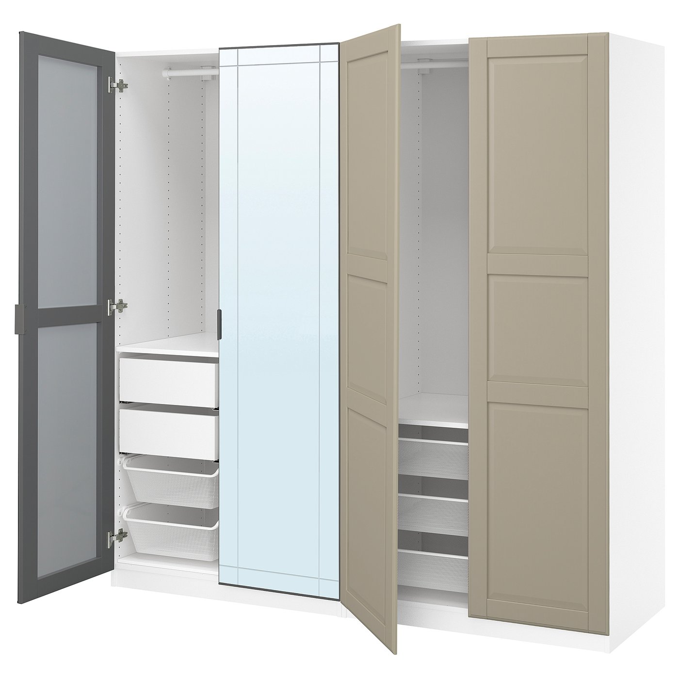 Wardrobe Combination, White Mirror Glass/Gray Gray-Beige