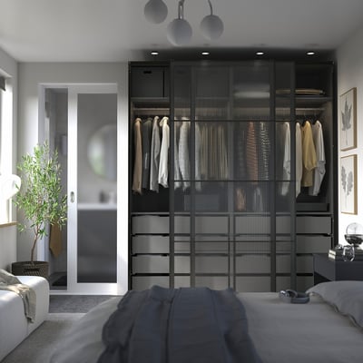 PAX / LUNDBRÄSMA Wardrobe with sliding doors, dark gray black/checkered glass, 78 3/4x26x93 1/8 "