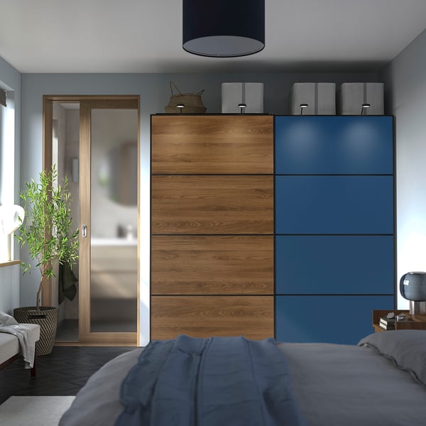 PAX / MEHAMN/AULI Wardrobe with sliding doors, dark gray black/double sided walnut, 78 3/4x26x79 1/4 "