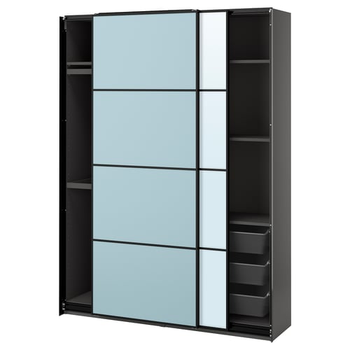 Modern black and light blue glass PAX wardrobe with sliding doors and shelves.
