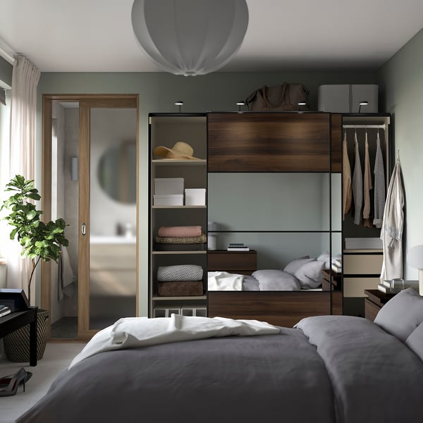 PAX / MEHAMN/AULI Wardrobe with sliding doors, gray-beige black/dark brown oak effect mirror glass, 78 3/4x26x79 1/4 "