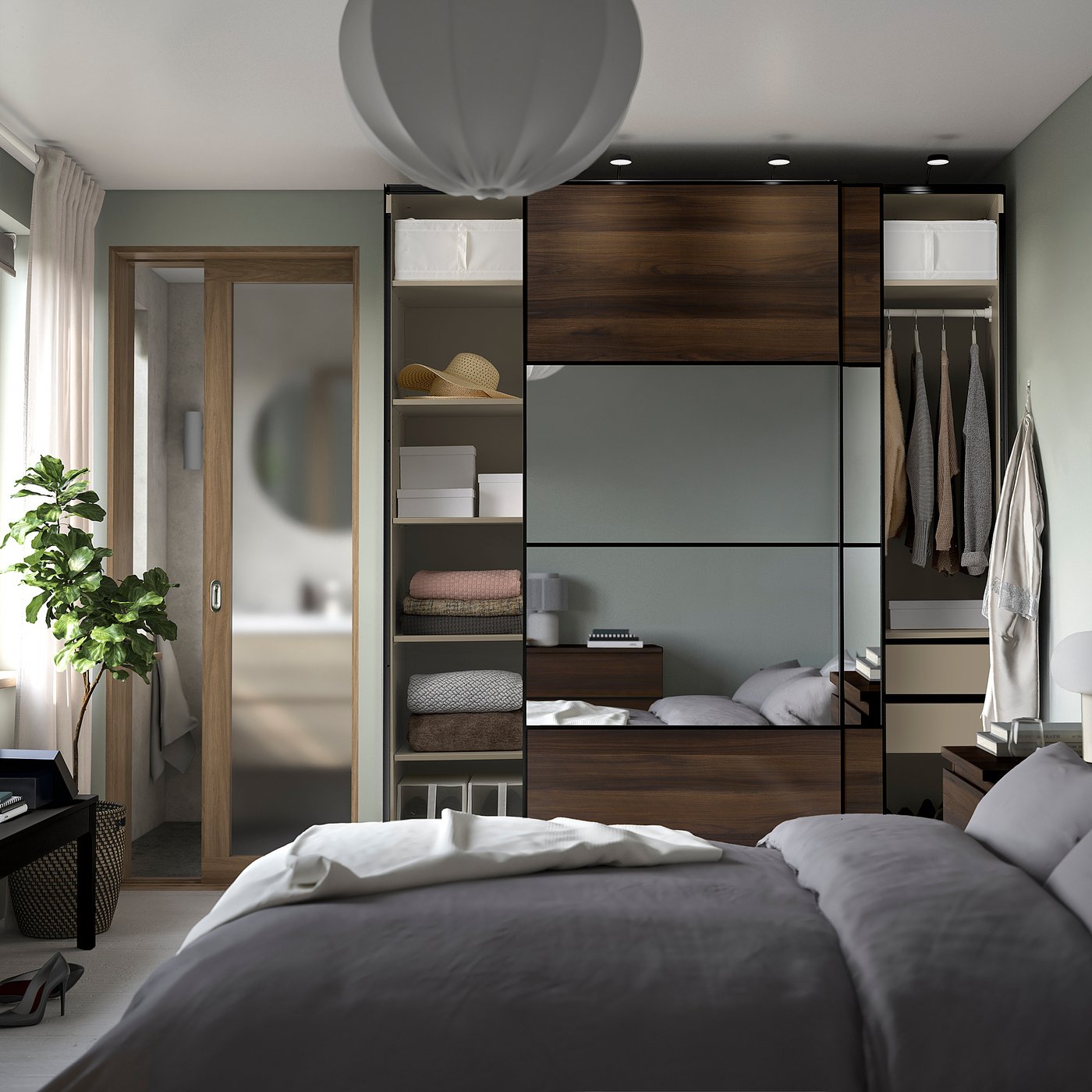 PAX / MEHAMN/AULI wardrobe with sliding doors, gray-beige black