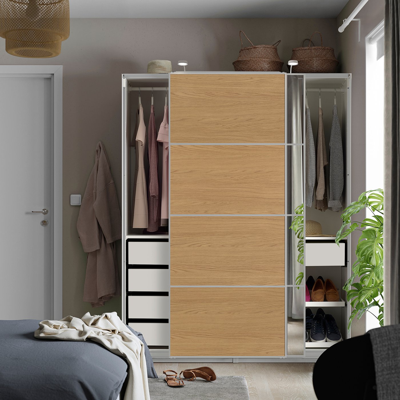 PAX / MEHAMN/AULI wardrobe with sliding doors, white aluminum/oak