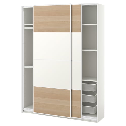 White ikea PAX wardrobe with wood doors and mesh drawer.