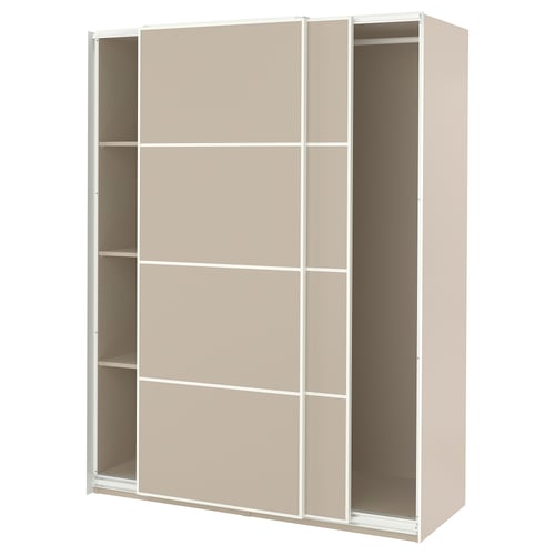 An empty white PAX wardrobe with sliding doors and multiple shelves.