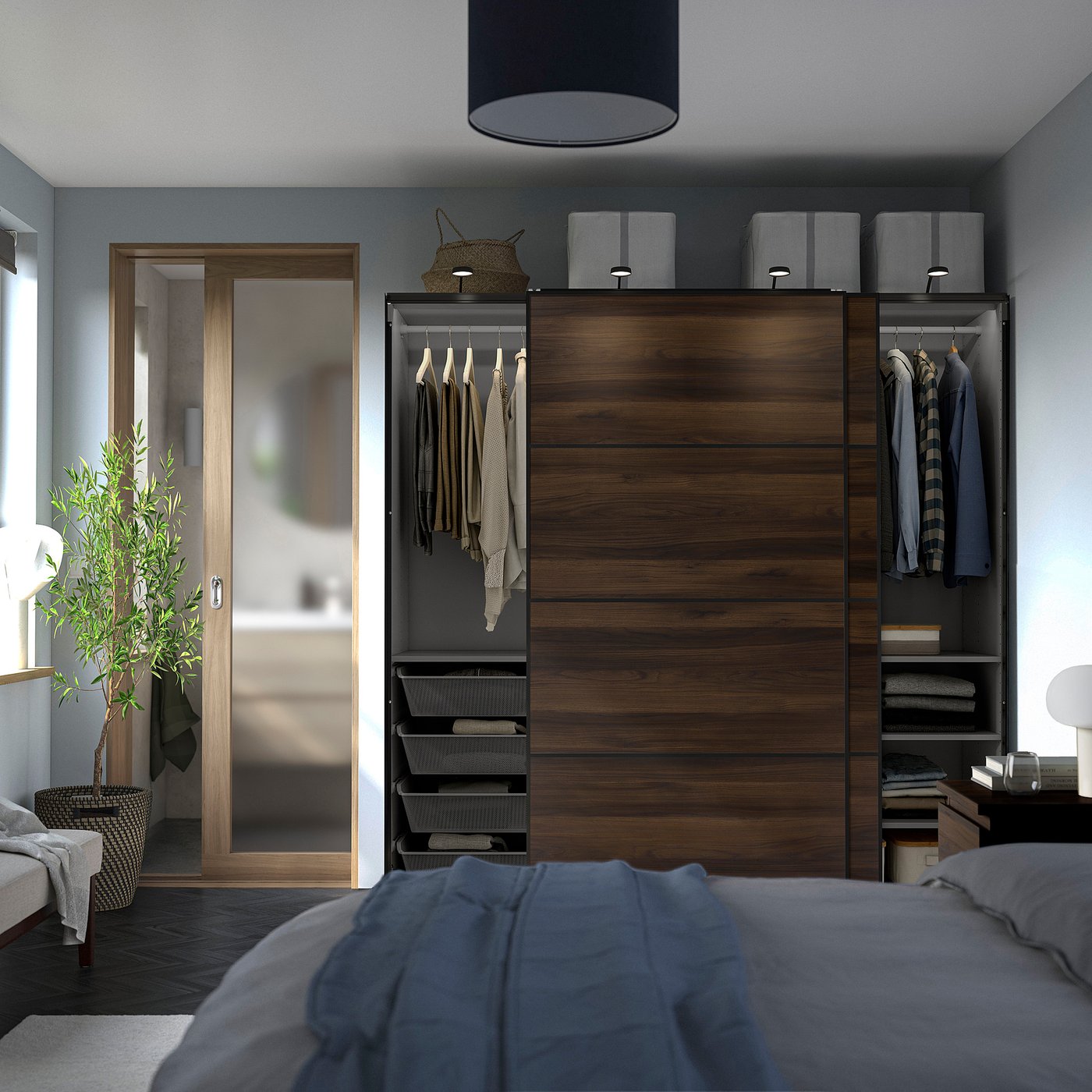 Wardrobe with sliding doors, dark gray black/double sided dark brown oak effect 3