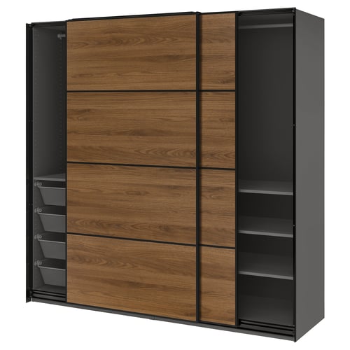 PAX / MEHAMN Wardrobe with sliding doors, dark gray black/double sided walnut, 78 3/4x26x79 1/4 "