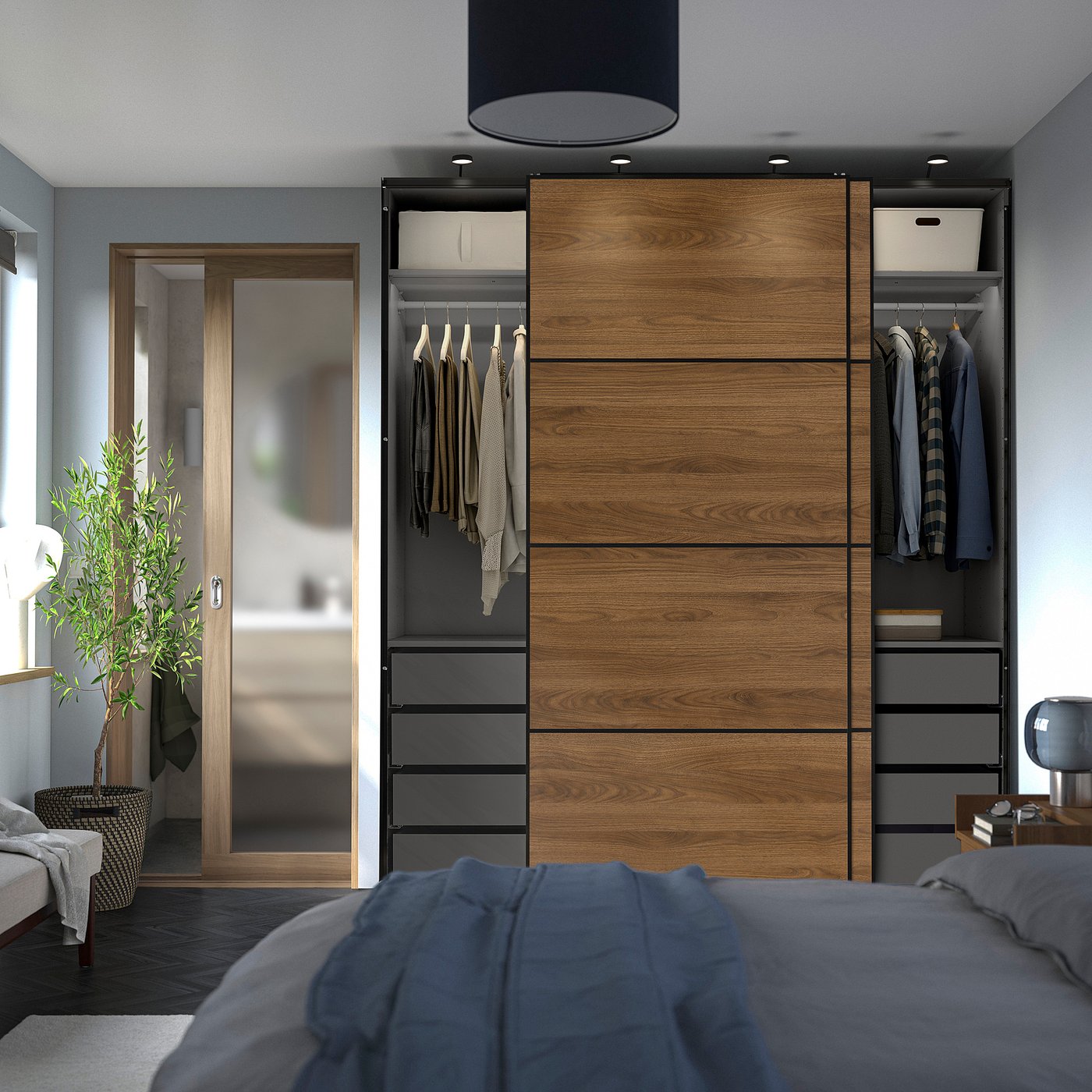 PAX / MEHAMN wardrobe with sliding doors, dark gray black/double