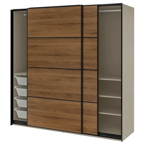 PAX / MEHAMN Wardrobe with sliding doors, gray-beige black/double sided walnut, 78 3/4x26x79 1/4 "