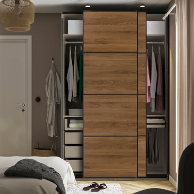 PAX / MEHAMN Wardrobe with sliding doors, gray-beige black/double sided walnut, 59x26x92 7/8 "