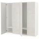 A white PAX wardrobe with open doors revealing shelves, in a minimalist design.
