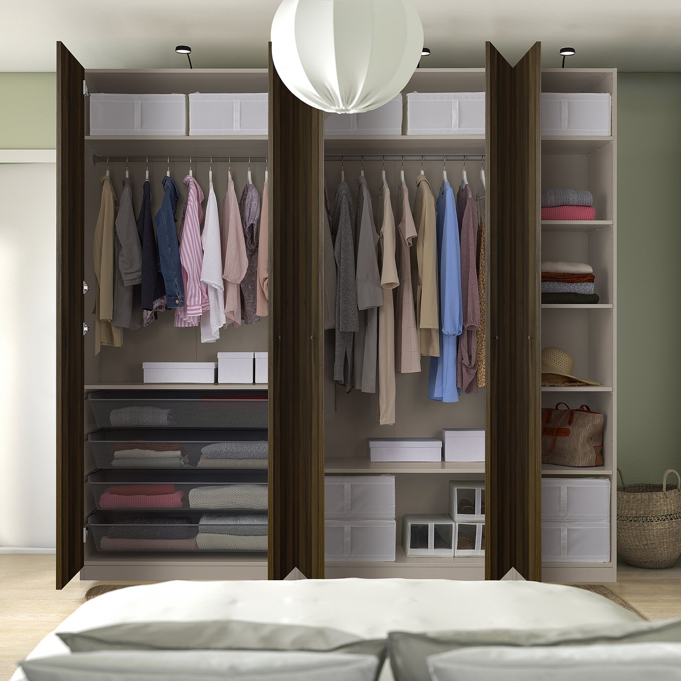 PAX / STORKLINTA wardrobe combination, gray-beige/dark-brown
